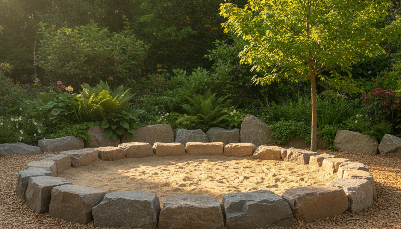 sandkasten mit natursteinen