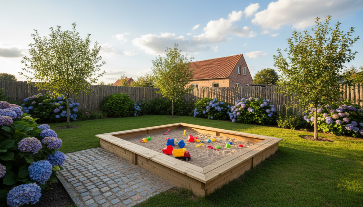 moderner sandkasten im garten