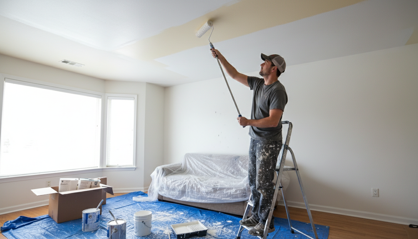 mann streicht decke