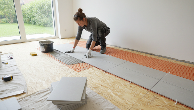 frau verlegt fliesen