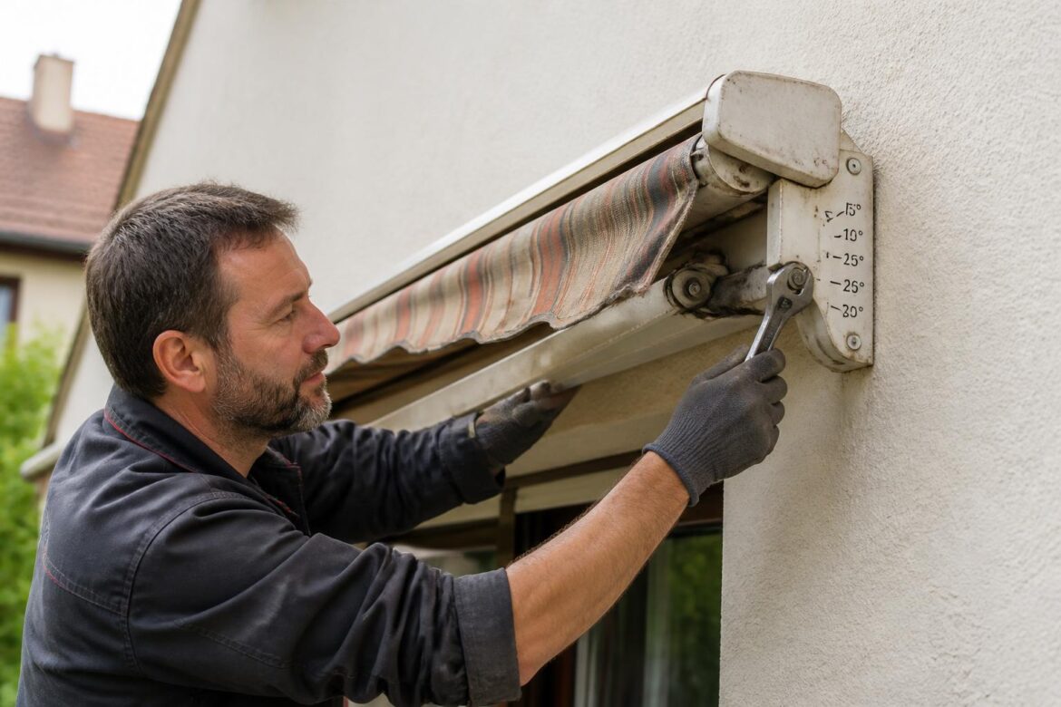 handwerker repariert alte markise